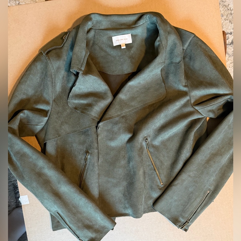 Skies Are Blue Olive Green Suede Moto Jacket
